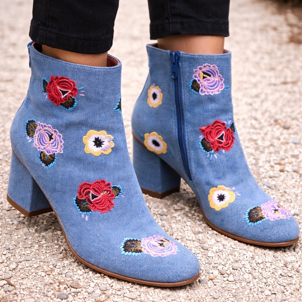 Betsey Johnson Twiggy Floral Embroidered Blue Ankle Boots